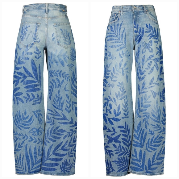 NWT Mother Denim The Lasso Sneak Jeans Pressed Leaves 29 Blue Painted Denim Jean - Picture 11 of 16